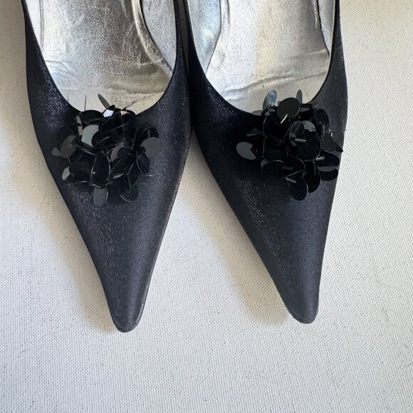 Vintage Sofia Black Satin Pointy Toe Sequin Accent Kitten Heel Hells 36 - Picture 2 of 11